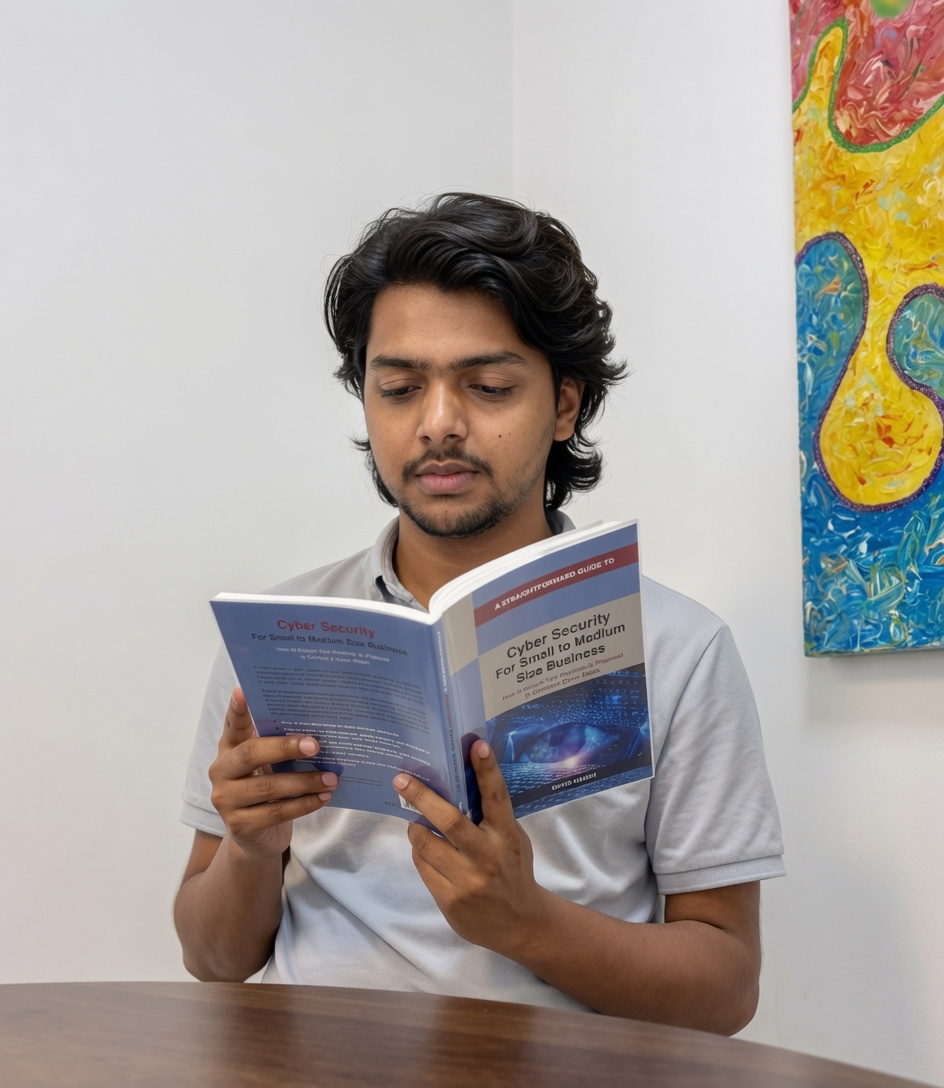 Ankit Sapkota reading a book on cyber security